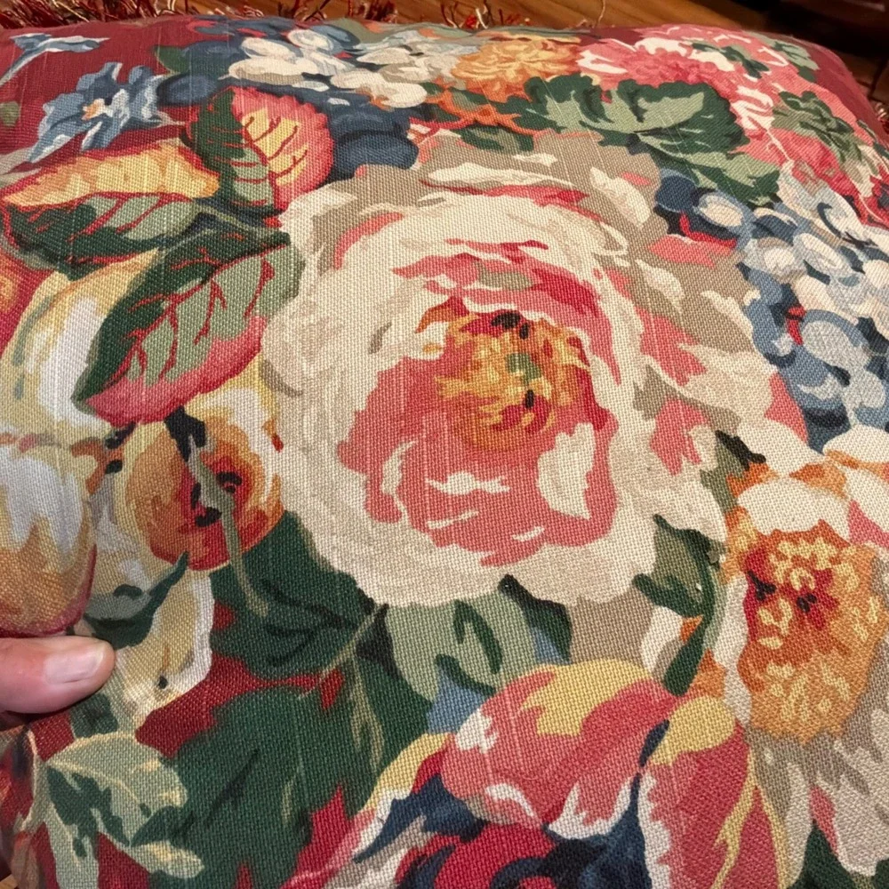 Vintage Floral Fringe Throw Pillows Set of 2 Burgundy Red Rose Peony 18x18